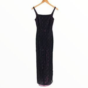 90’s Jessica McClintock Gunne Sax Black Lace Metallic Pink Dot Square Neck Dress